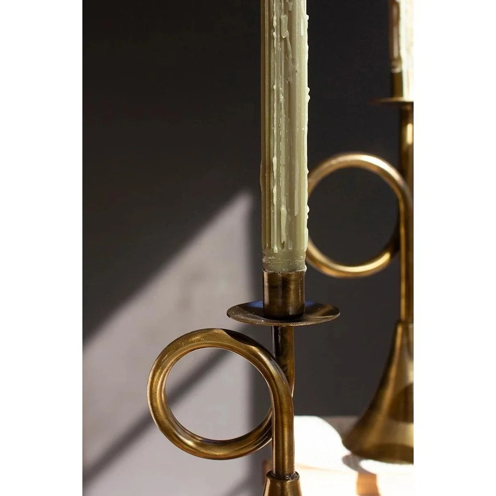 Antique Brass French Horn Taper Candle Holder Set 3 Vintage Style Candlesticks